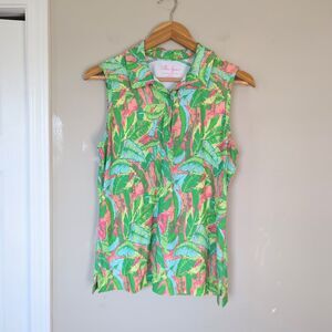 Lillie Green Golf Palm Fronds 1/4 Button Polo Tank Medium Green Pink Coastal